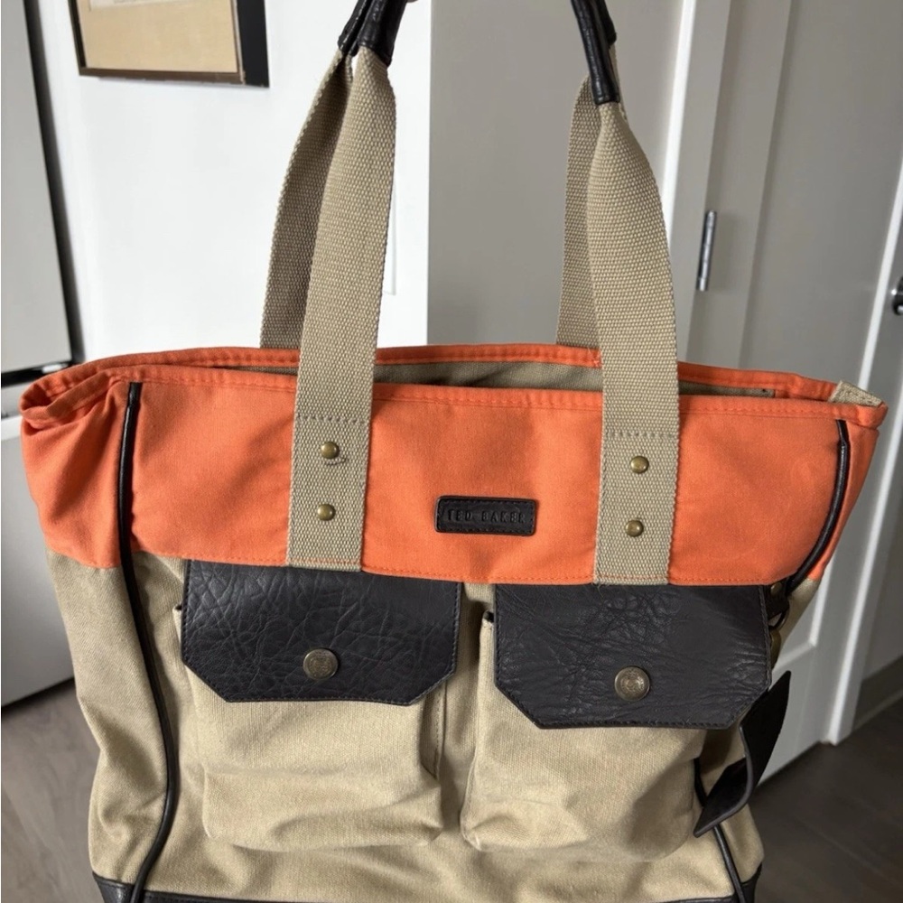 Ted Baker unisex Large Canvas And Leather Tote Khaki, Brown And Orange. 14x16x4”